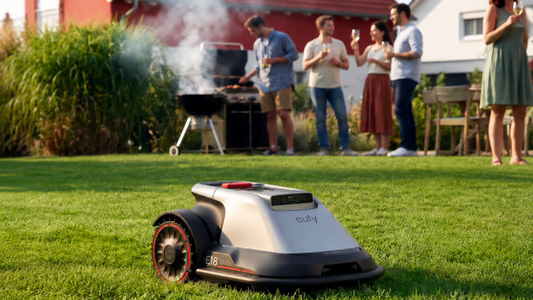 Robot mower mowing a lawn during a garden barbecue
